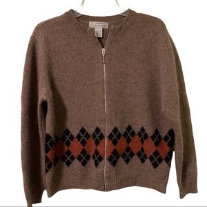 Women’s Wool Sweater Size L by Deane & White 100% Wool Zip Up Argyle Car…
